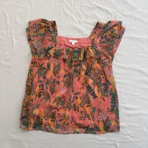 LC Lauren Conrad Peasant Top Women's Small Flutter Sleeve Coral Blooms Boho
